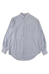 訂製寬鬆條紋長袖恤衫  鈕扣恤衫領設計  前長後短款式  左前胸袋口 R424